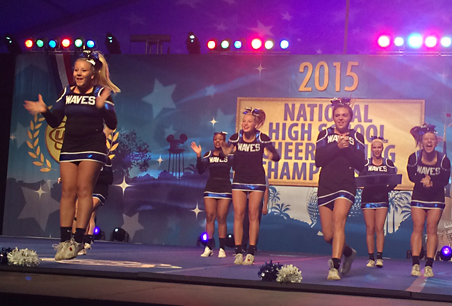Riverhead's cheerleaders perform in the semifinals. (Credit: courtesy photo)