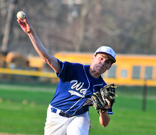 Riverhead senior Kenny Simco, pictured in a game earlier this year, threw a two-hit shutout against North Babylon Wednesday. (Credit: Bill Landon, file)