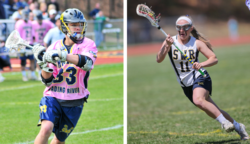 Shoreham-Wading River lacrosse players Troy Miller (left) and Logan Hoffmann will lead their respective teams into the playoffs Saturday. (Credit: Bill Landon/Garret Meade)