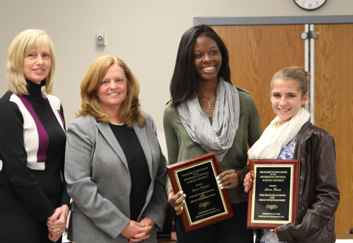 BOE member Sue Koukonas, Riverhead superintendent Nancy Carney, Shania Daniel and Annie Harris. (Credit: Jen Nuzzo)