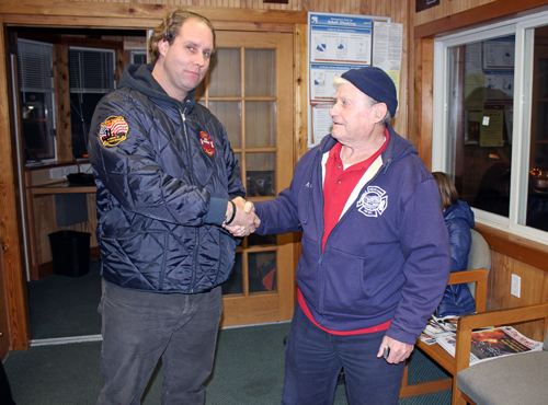 BEVERLEA WALZ PHOTO | Shelter Island fire commissioner candidates (l-r) John Beresky and incumbent Andy Steinmuller just after the vote was tallied and announced Tuesday night at Center Firehouse.