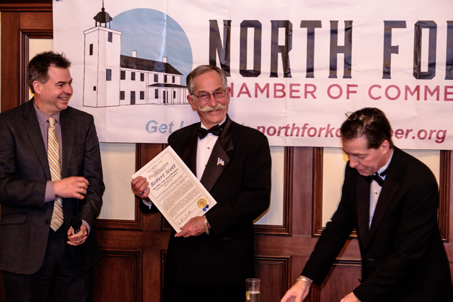 From left, Suffolk County Legislator Al Krupski, Bob Scott and North Fork Chamber of Commerce president Tom Scalia.