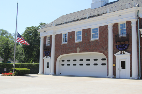 The flag at the Southold Fire Department is flying at half mast in honor of Christopher Drum. (Credit: Jennifer Gustavson)