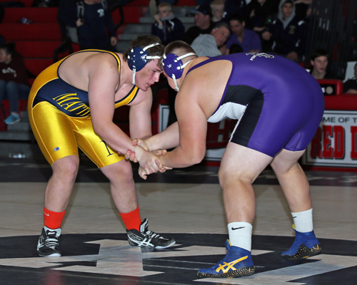 Stephen Ostrowski of Mattituck was defeated by Port Jeffersons Kyle Fiske in the 285 lbs weight class. The Suffolk County Division II wrestling championships were held at Center Moriches High School on Feb. 15, 2014. (Photo credit: Daniel De Mato)