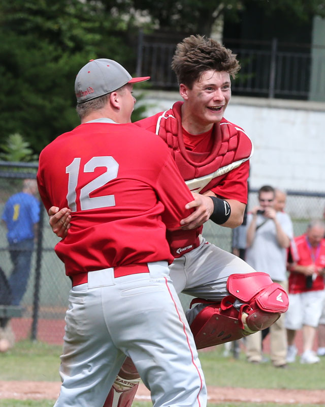 The Celebration begins as Southold defeats Tuckahoe 8-5 in the Class C Baseball Regional Championship game at Mamaroneck High School in Mamaroneck. (Credit: Daniel De Mato)
