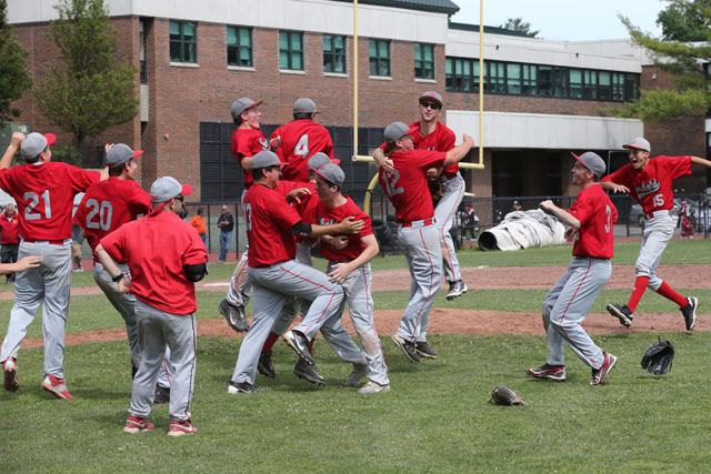 The Celebration begins as Southold defeats Tuckahoe 8-5 in the Class C Baseball Regional Championship game at Mamaroneck High School in Mamaroneck. (Credit: Daniel De Mato)