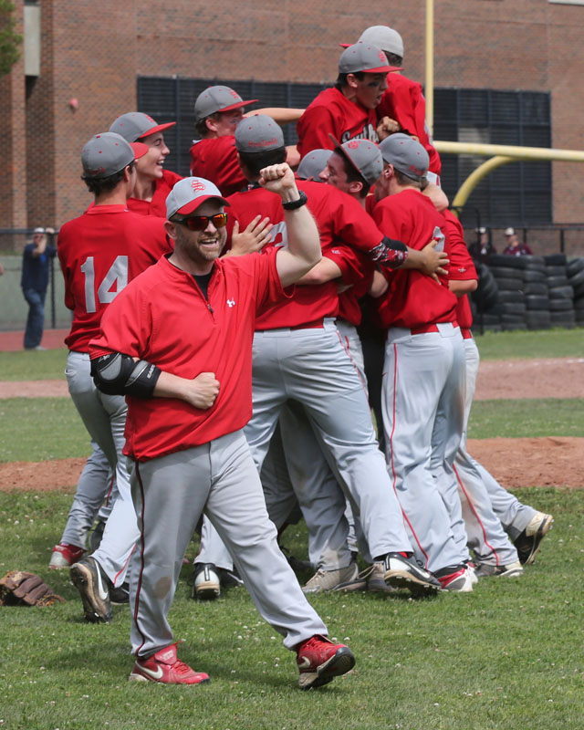 The Celebration begins as Southold defeats Tuckahoe 8-5 in the Class C Baseball Regional Championship game at Mamaroneck High School in Mamaroneck. (Credit: Daniel De Mato)