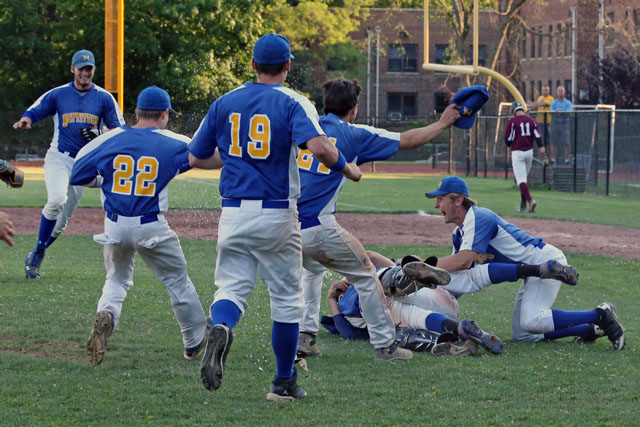 Mattituck celebrates after they defeated Albertus Magnus 9-5 in extra innings in the Class B Baseball South East Regional Championship game at Mamaroneck High School in Mamaroneck. (Credit: Daniel De Mato)