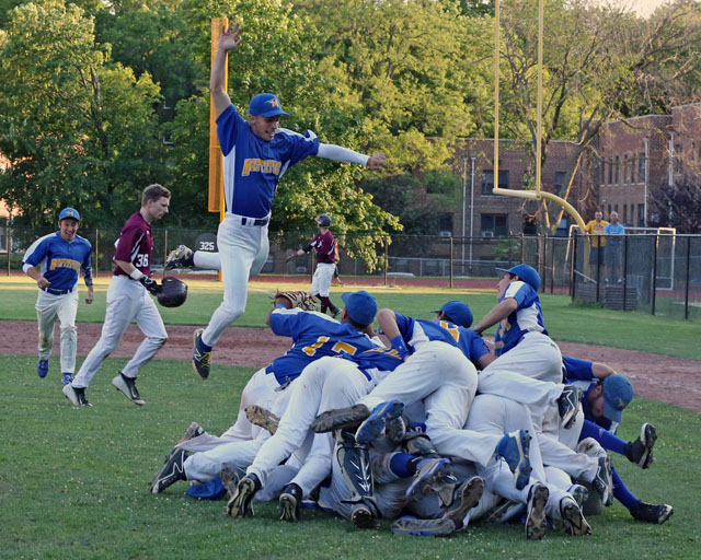 Mattituck celebrates after they defeated Albertus Magnus 9-5 in extra innings in the Class B Baseball South East Regional Championship game at Mamaroneck High School in Mamaroneck. (Credit: Daniel De Mato)