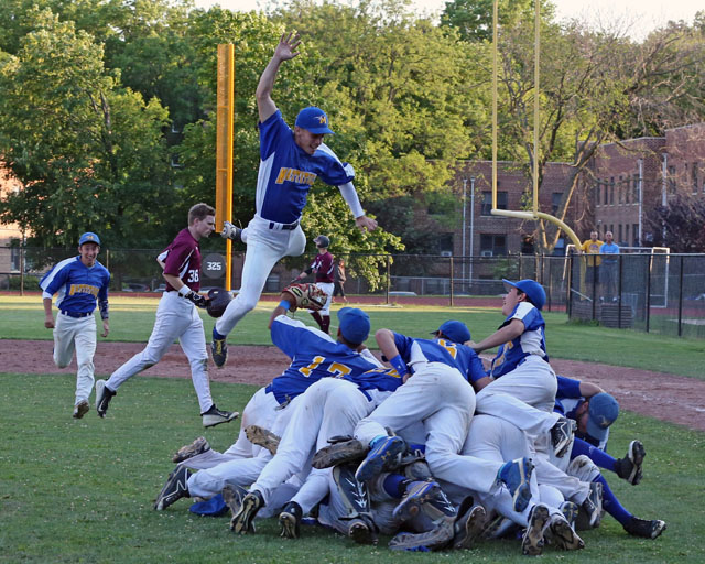 Mattituck celebrates after they defeated Albertus Magnus 9-5 in extra innings in the Class B Baseball South East Regional Championship game at Mamaroneck High School in Mamaroneck. (Credit: Daniel De Mato)