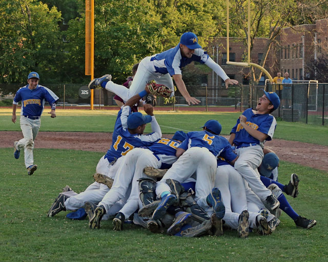 Mattituck celebrates after they defeated Albertus Magnus 9-5 in extra innings in the Class B Baseball South East Regional Championship game at Mamaroneck High School in Mamaroneck. (Credit: Daniel De Mato)