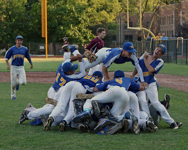 Mattituck celebrates after they defeated Albertus Magnus 9-5 in extra innings in the Class B Baseball South East Regional Championship game at Mamaroneck High School in Mamaroneck. (Credit: Daniel De Mato)