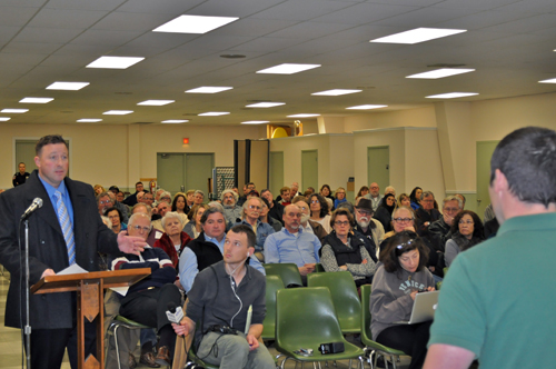 JOSEPH PINCIARO PHOTO | Mike Tessitore, of Hunters for Deer, voiced his concern with plans to proceed with a deer culling program in Southold on Thursday night.