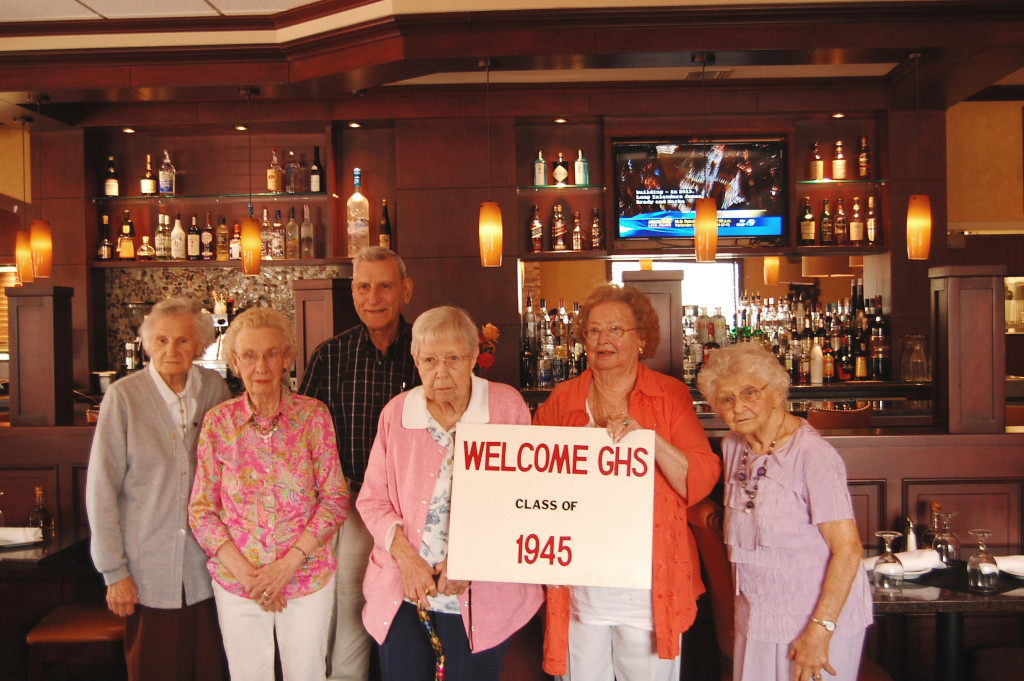 Members of Greenport's class of 1945 (from left) Agnes Halinauseau Dunn, Edna Turner Quartochia, Henry Santacroce Sr., Mary Becker Smart, Sue Mortensen Tasker and Alyce Kruszeski Doroski attend their 70th high school class reunion. (Credit: Nicole Smith)