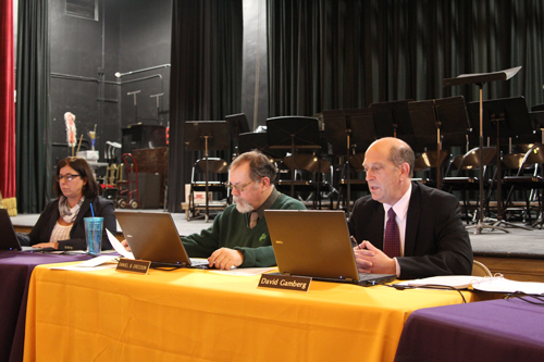 Greenport School District Superintendent David Gamberg, right, at Monday's school board meeting. (Credit: Jen Nuzzo)