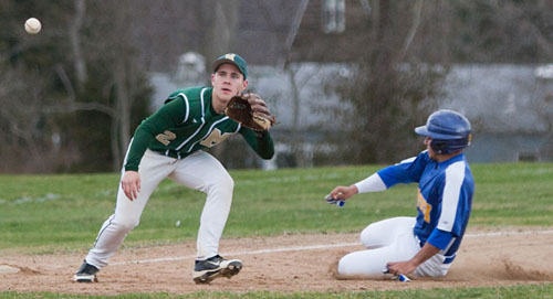 Bishop McGann-Mercy third baseman Leo Ellis awaits a throw as Mattituck's Marcos Perivolaris steals third base on the same play in which Ian Nish drew a walk. (Credit: Katharine Schroeder)