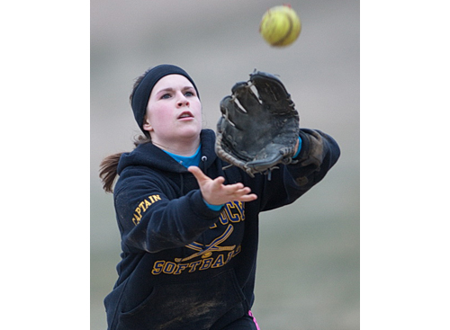 One of Mattituck's new players, Julia Orlando, catching a popup to second base during Friday's practice. (Credit: Garret Meade)