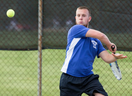 Mattituck's only team point came from Andrew Young, a 4-6, 7-6 (11-9), 10-4 winner over Half Hollow Hills East's Sandy Greenberg. (Credit: Katharine Schroeder, file)
