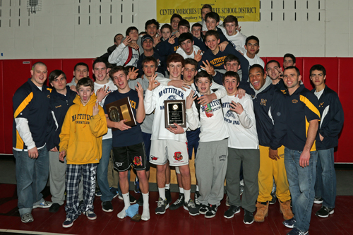 Mattituck/Greenport/Southold's wrestlers won their third straight Suffolk County Division II team championship on Friday night at Center Moriches High School. (Credit: Daniel De Mato)