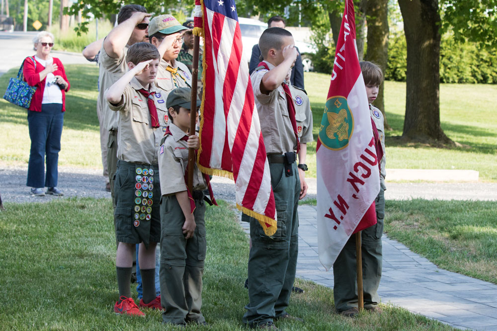 The Mattituck Fire Department held a ceremony at the war memorial at Pike Street and Wickham Avenue. (Credit: Katharine Schroeder)