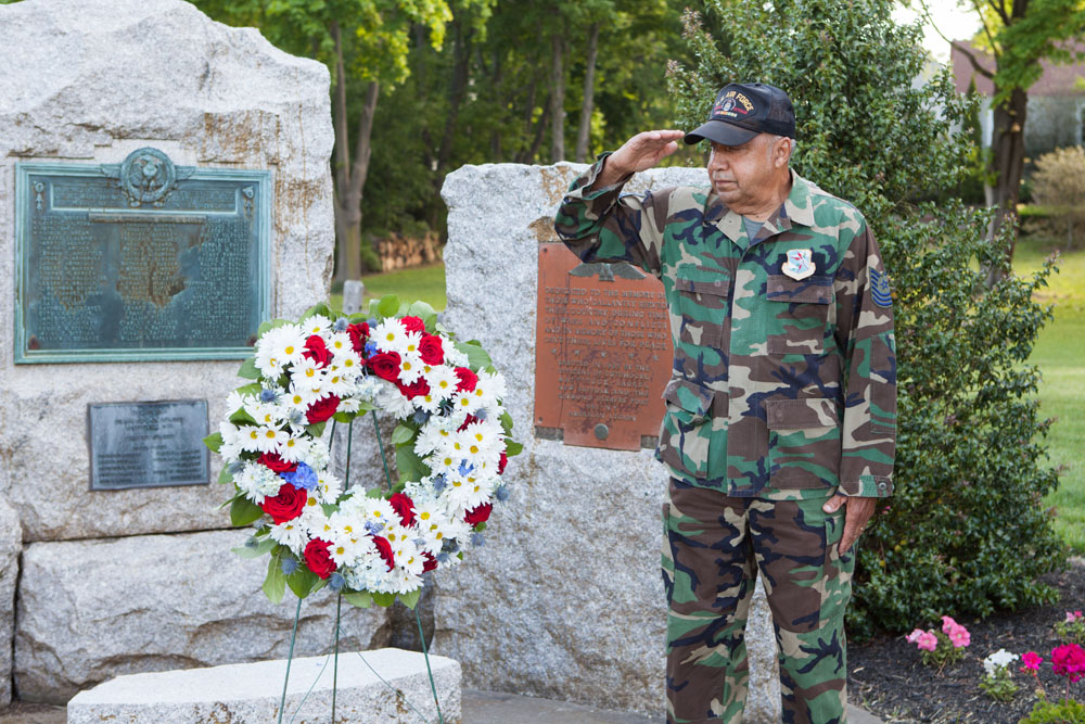 The Mattituck Fire Department held a ceremony at the war memorial at Pike Street and Wickham Avenue. (Credit: Katharine Schroeder)