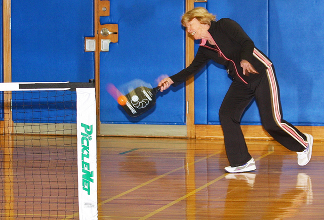 Pat Kazlauskas of Riverhead playing Pickleball at Riley Avenue School last year. (Credit: Barbaraellen Koch, file)