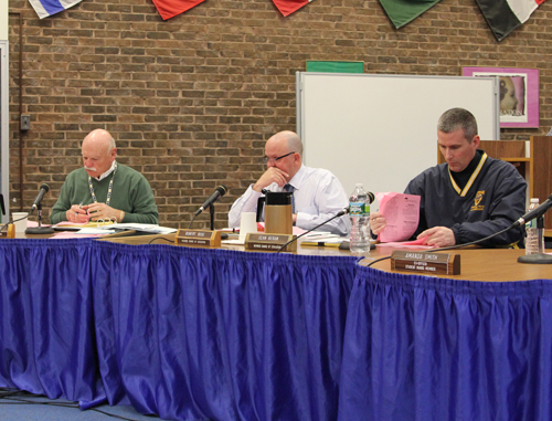 From left, Shoreham-Wading River school board members Mike Fucito, Robert Rose and Sean Beran at Tuesday's meeting. (Credit: Jennifer Gustavson)