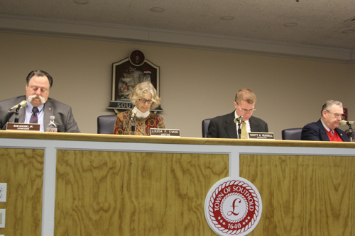 Southold Town Board members at Tuesday's meeting. A search is currently underway to hire a new town attorney. (Credit: Jen Nuzzo)