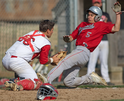 GARRET MEADE PHOTO | Southold's Anthony Fedele was tagged out by Pierson/Bridgehampton catcher Aaron Schiavoni while trying to score what would have been a tying run in the sixth inning.