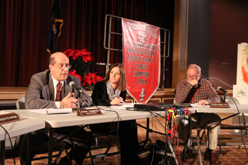 From left, Southold Superintendent David Gamberg, district clerk Patti DiGregorio and school board member John Crean at Wednesday's meeting. (Credit: Jen Nuzzo)