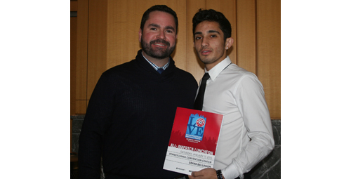 Mattituck High School's first all-American, Kaan Ilgin, right, heard some inspirational words from Sir Alex Ferguson. Mattituck coach Mat Litchhult, left, accompanied Ilgin to Philadelphia for the NSCAA Convention. (Credit: Joy Rubenstein)