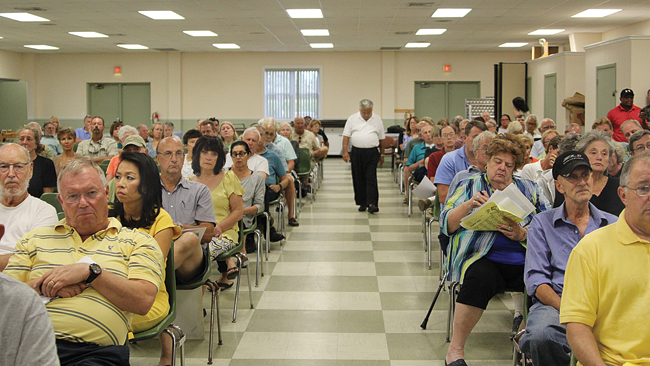 More than 200 North Fork residents upset by helicopter noise over their homes turned out Monday night for a forum in Southold. (Credit: Jennifer Gustavson)