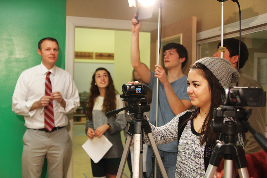 Southold High School student Kimiko Fujita records a student newscast Monday at the school. (Credit: Jen Nuzzo)