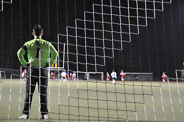 Schechter goalkeeper Noah Dunn stands guard in the goal during Wednesday's Class C regional semifinals. (Credit: Joe Werkmeister)