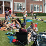 Seniors relaxing outside as part of a senior prank.