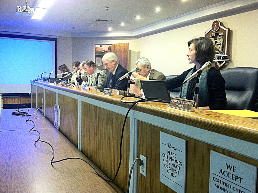 Town planning director Heather Lanza (right) and Planning Board members during Monday's meeting. (Credit: Michael White)
